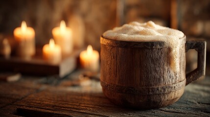 Rustic wooden mug overflowing with golden ale foam. Medieval tavern background