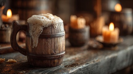 Rustic wooden mug overflowing with golden ale foam. Medieval tavern background