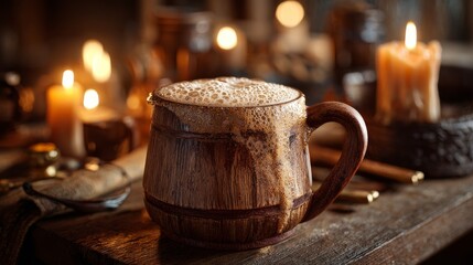 Rustic wooden mug overflowing with golden ale foam. Medieval tavern background