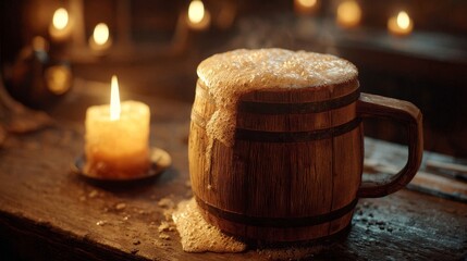 Rustic wooden mug overflowing with golden ale foam. Medieval tavern background