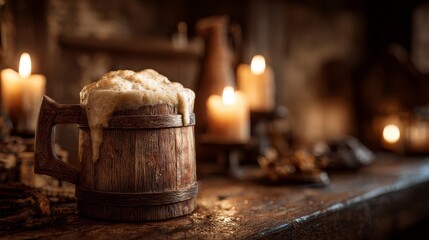 Rustic wooden mug overflowing with golden ale foam. Medieval tavern background