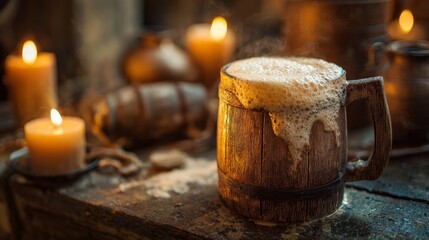 Rustic wooden mug overflowing with golden ale foam. Medieval tavern background