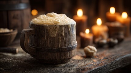 Rustic wooden mug overflowing with golden ale foam. Medieval tavern background