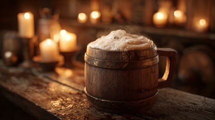 Rustic wooden mug overflowing with golden ale foam. Medieval tavern background