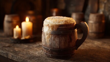 Rustic wooden mug overflowing with golden ale foam. Medieval tavern background
