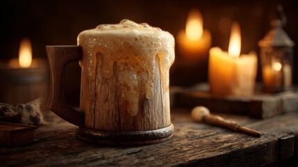Rustic wooden mug overflowing with golden ale foam. Medieval tavern background