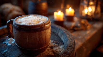 Rustic wooden mug overflowing with golden ale foam. Medieval tavern background