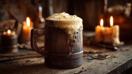 Rustic wooden mug overflowing with golden ale foam. Medieval tavern background