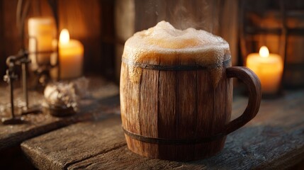 Rustic wooden mug overflowing with golden ale foam. Medieval tavern background