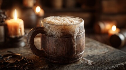 Rustic wooden mug overflowing with golden ale foam. Medieval tavern background