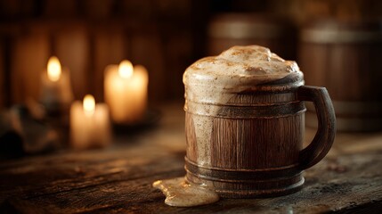 Rustic wooden mug overflowing with golden ale foam. Medieval tavern background