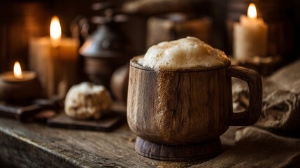 Rustic wooden mug overflowing with golden ale foam. Medieval tavern background