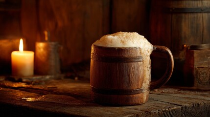 Rustic wooden mug overflowing with golden ale foam. Medieval tavern background