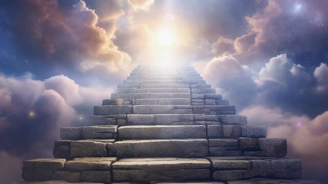 Ancient stone steps ascending through the clouds toward the sky, glowing sunlight above. Peaceful and inspiring imagery representing faith, transcendence, and aspiration. Close-up.