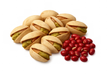 Salted pistachios with shells and bright red adzuki beans, healthy snack choice with transparent background