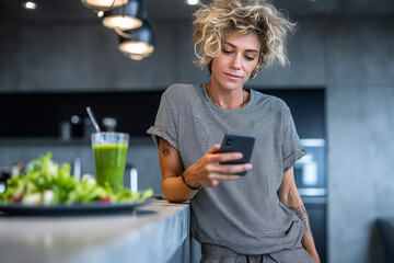 Photorealistic lifestyle scene, medium shot at eye level of a slightly overweight young woman in his early 30s, casually dressed in a plain T-shirt and loose sweatpants, with sligh