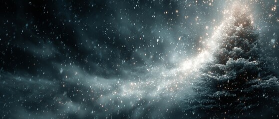 Serenity in snow: the perfect christmas eve with stars above. Grotesque style. Enchanting christmas eve: a tree aglow amidst stars and gently falling snow. Surreal composition.