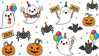 Cute ghosts pumpkins spiders bats balloons confetti 2025