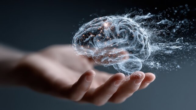 Hand holding human brain - futuristic concept of intelligence, science and mind