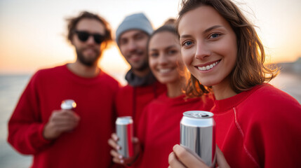 Fototapeta premium Defocused friends in festive red attire with sharp focused beverage cans and sunset beach backdrop, with copy space , 