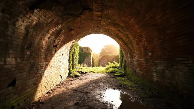 A stunning view of an abandoned brick tunnel welcomes the morning light. The damp ground reflects the soft glow while steam rises, enhancing the atmosphere. Overgrown moss and stones add to the rustic