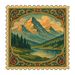 Obraz premium PNG Vintage mountain landscape stamp