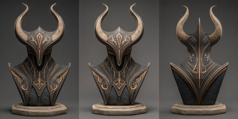 Dark horned armor sculpture with intricate gold details