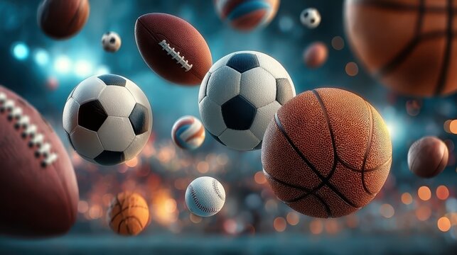 illustration of of sports balls (soccer, basketball, football, tennis, volleyball