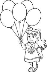 Kid Holding Balloons line vector illustration isolated on white background
