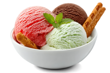 Strawberry, chocolate and mint ice cream scoops with wafer stick in bowl on white background