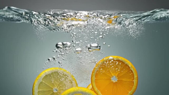 Bright lemon and orange slices float effortlessly in clear water, creating an inviting and refreshing visual. The sunlight reflects off the surface as the fruits shimmer, showcasing their vibrant colo