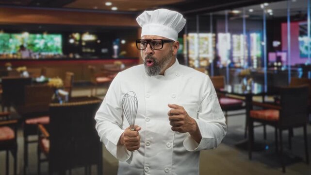 Man holding whisk and gesturing with hands in a restaurant building wearing chef uniform and hat; confidence skill passion.