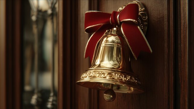  beatufull shining christmas bell with bright red ribbon hanging on a door. christmas warm cosy atmoshere 