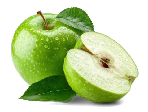 green apples and half of apple on white background
