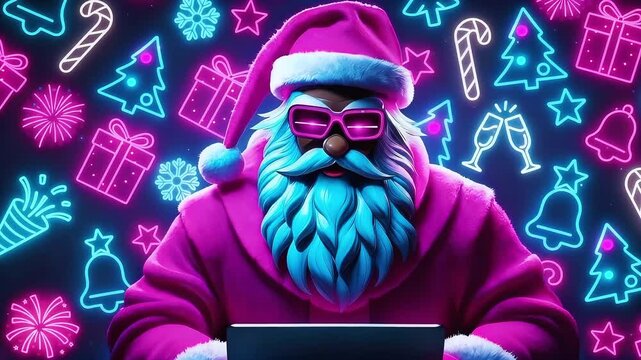 Animated Santa Claus types on laptop, swaying to music, with colorful neon New Year symbols, gifts, fireworks, and Christmas icons flashing and moving in the background in a seamless celebration loop