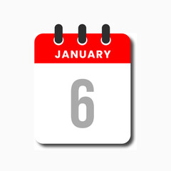 Clean January 6 calendar icon in flat modern design, suitable for planner layouts.