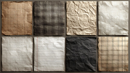 Old lined and checkered paper. Blank vintage crumpled notebook ruled pages  Stock Vector