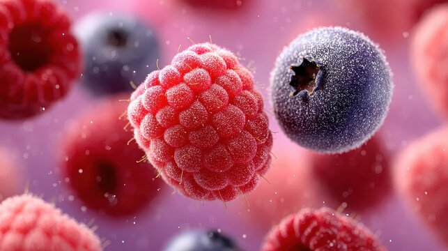 raspberries and blueberries drifting in a weightless circular orbit