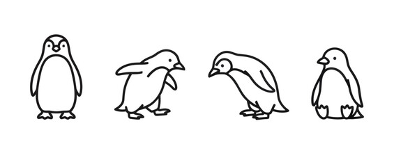 Penguin Icons: Four Line Drawings of the Flightless Birds in Various Poses