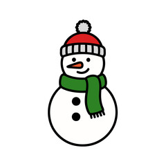 Isolated Snowman Cartoon with Red Striped Hat and Green Scarf