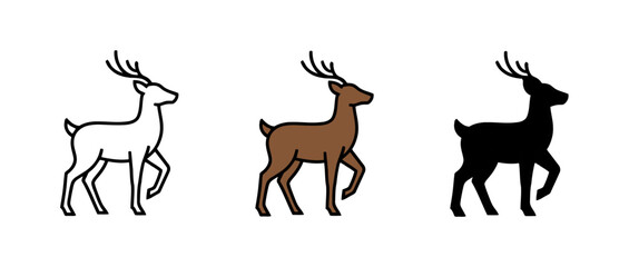 Deer Icon Set in Outline, Brown, and Silhouette Styles Walking on White