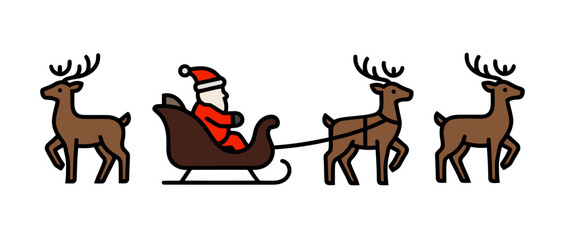 Santa in Sleigh Being Pulled by Four Reindeer on a White Background