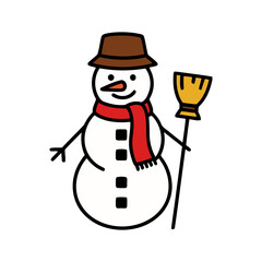 Cheerful Snowman Cartoon Character with Hat, Scarf and Broom on White Background