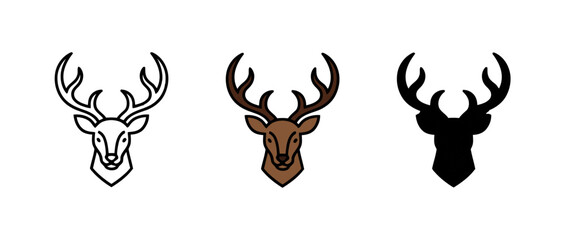 Deer Head Icons Depicting Outline, Color, and Silhouette Against a White Background