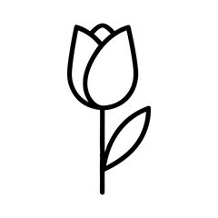 Single isolated outlined flower with stem and leaf on a white background