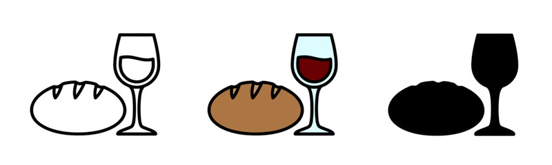 Still life featuring outlined and filled illustrations of bread and wine