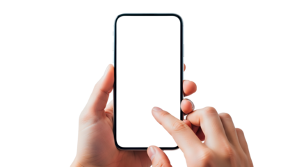 Hand holding a smartphone with a blank white screen