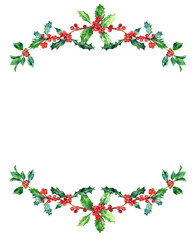 Holly watercolor border, frame for traditional Christmas cards, New Year, nature, plant, berries, leaves, branches, green, evergreen, botanical, forest, tree, isolated image, clipart, 300 dpi PNG
