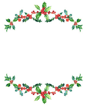 Holly watercolor border, frame for traditional Christmas cards, New Year, nature, plant, berries, leaves, branches, green, evergreen, botanical, forest, tree, isolated image, clipart, 300 dpi PNG
