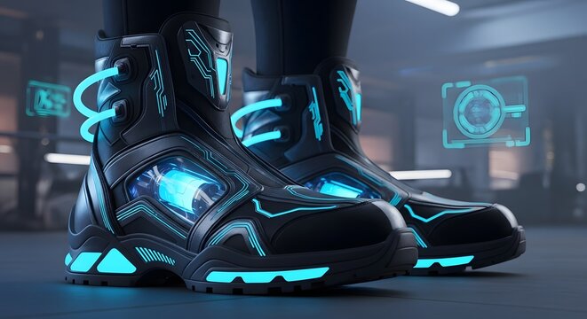 A pair of futuristic boots with glowing blue accents and details